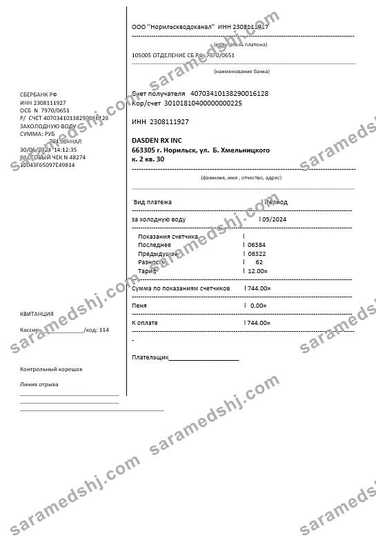 Russia water business utility bill template in Word and PDF formatս, fully editable